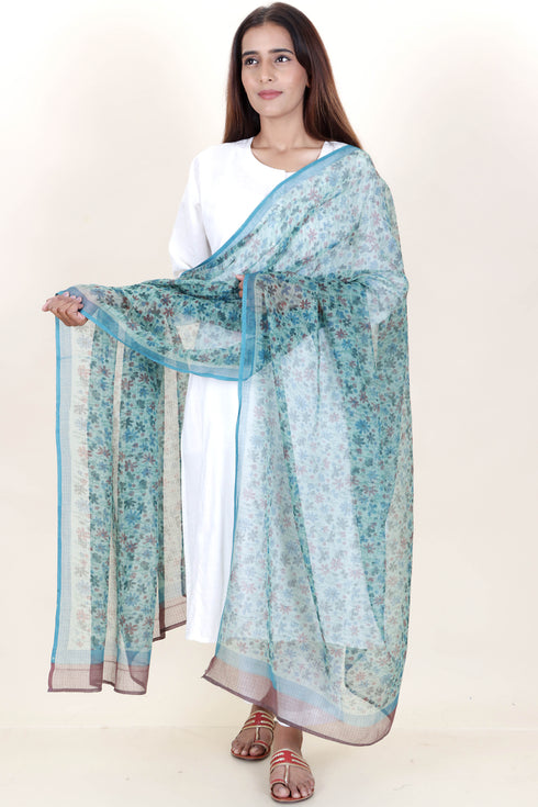 Kota Doria Dupatta In Floral Block Print